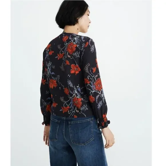 New MADEWELL Women's Loose Bouquet Night Vision Smocked Sleeve Wrap Top Size XS - Picture 2 of 8